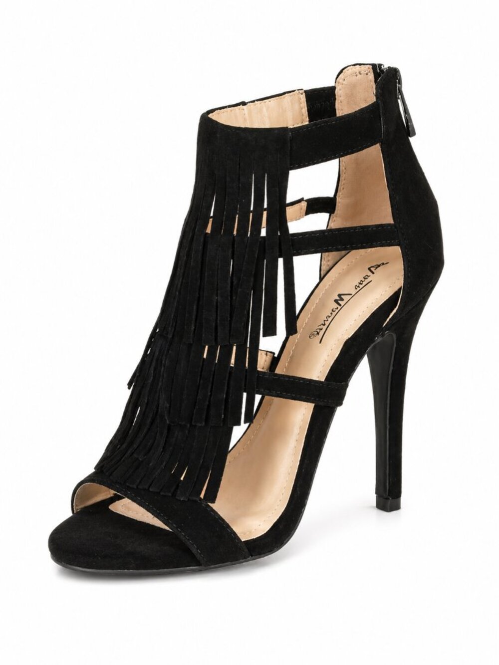 Anne Michelle Black Fringe High Heels Strappy Stiletto Sandals Women’s